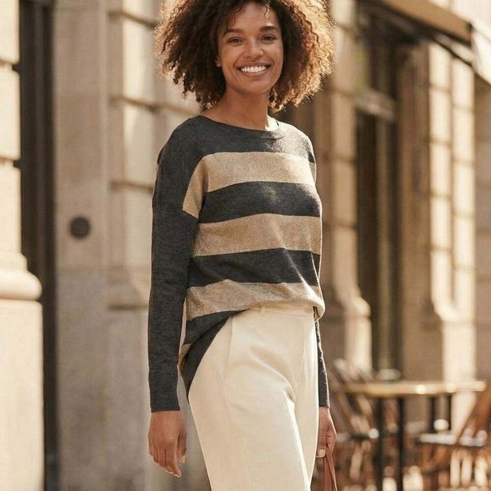 VINCE Cashmere Metallic Striped Pullover Sweater gray stripe sz Small